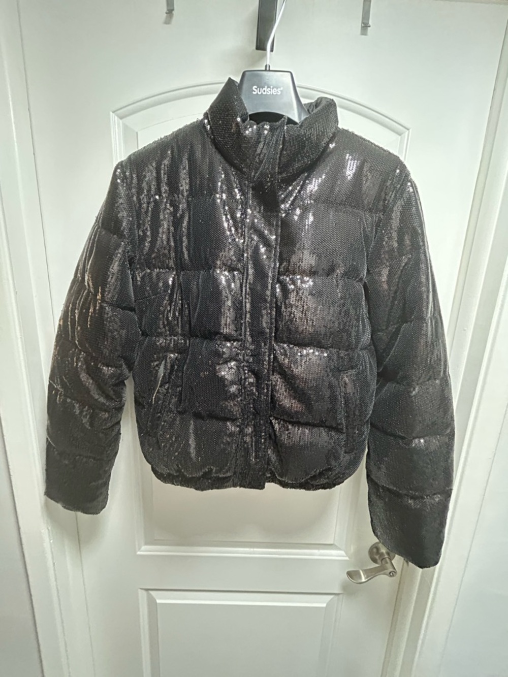 Generation Love Sequin Puffer Bomber Jacket Cropped Black Size M